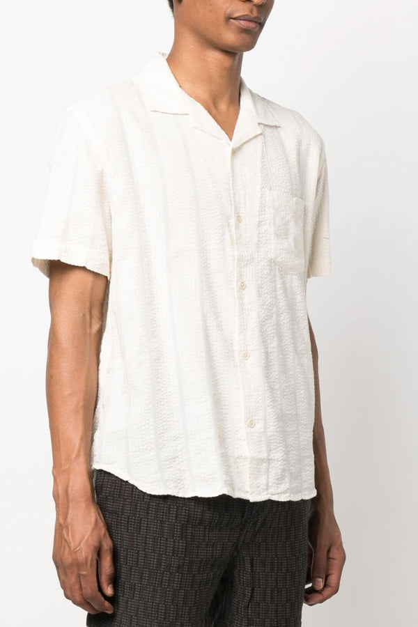 Striped Seersucker Short Sleeve Camp Shirt in White