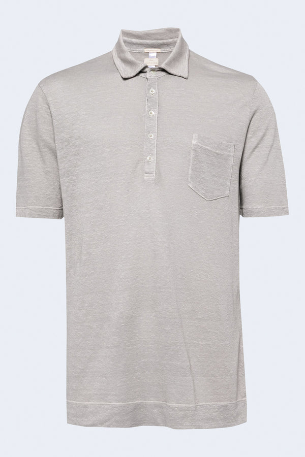 Wembley Regular Fit 5-Button Short-Sleeve Polo Shirt In Linen With Chest Pocket in Argento