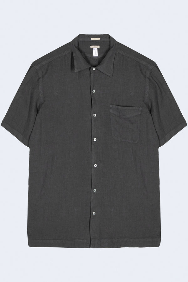 Venice Regular Fit Linen Short Sleeve Shirt With Chest Patch Pocket And Bowling Collar in Carbone
