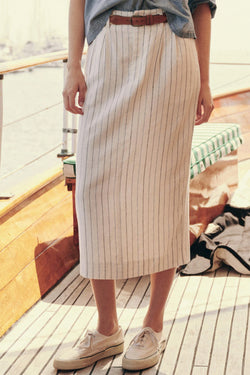 The Pleated Column Skirt in Cream Pinstripe