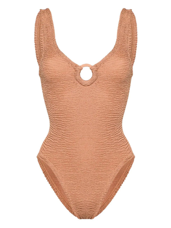Celine Swim With Fabric Covered Hoops in Metallic Cocoa