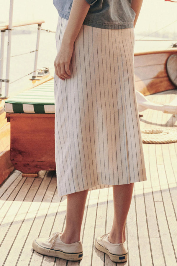 The Pleated Column Skirt in Cream Pinstripe