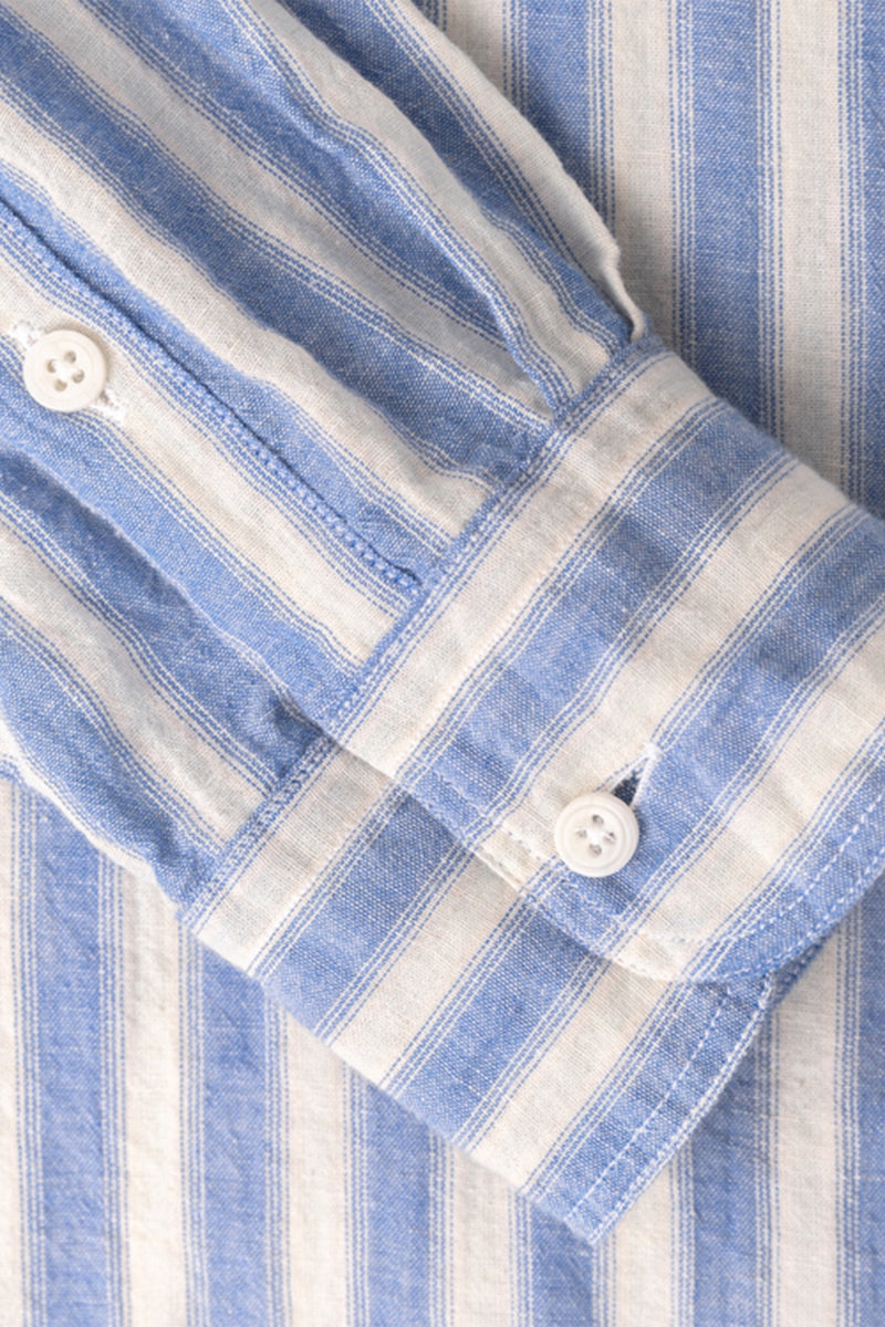 Long Sleeve Button Down  in Blue Cotton/Ramie Cabana Stripe