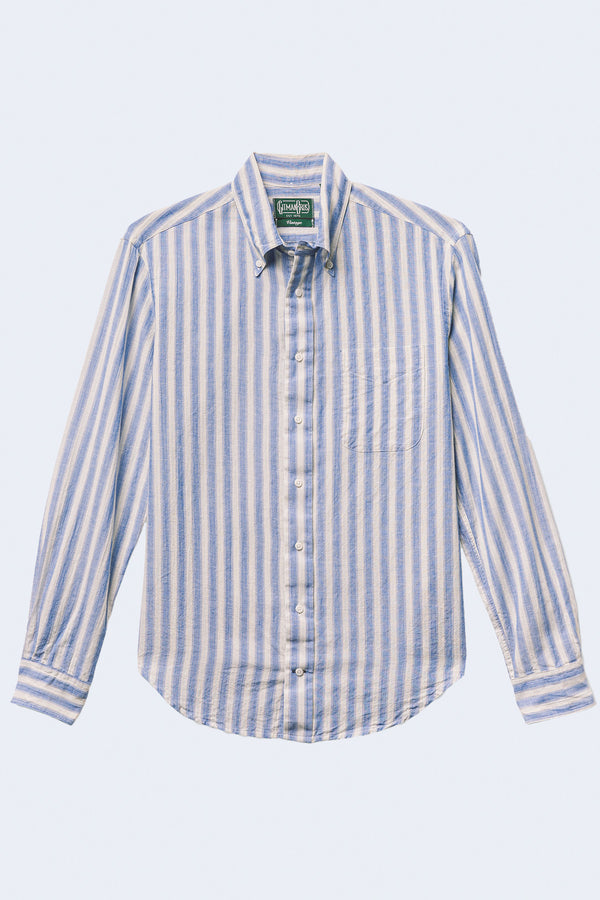 Long Sleeve Button Down  in Blue Cotton/Ramie Cabana Stripe