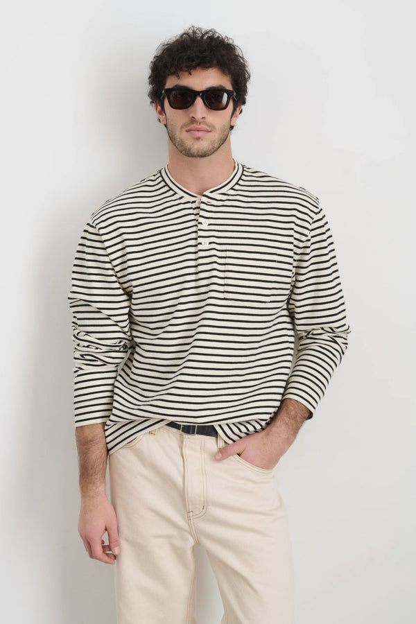 Men's Allan Cotton Stripe Henley in Natural & Black