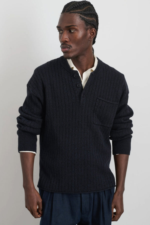 Men's Sawyer Cotton Linen Henley in Marled Navy