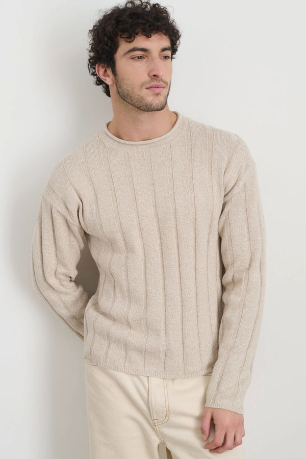 Men's James Roll Neck Cotton Linen Sweater in Marled Sand