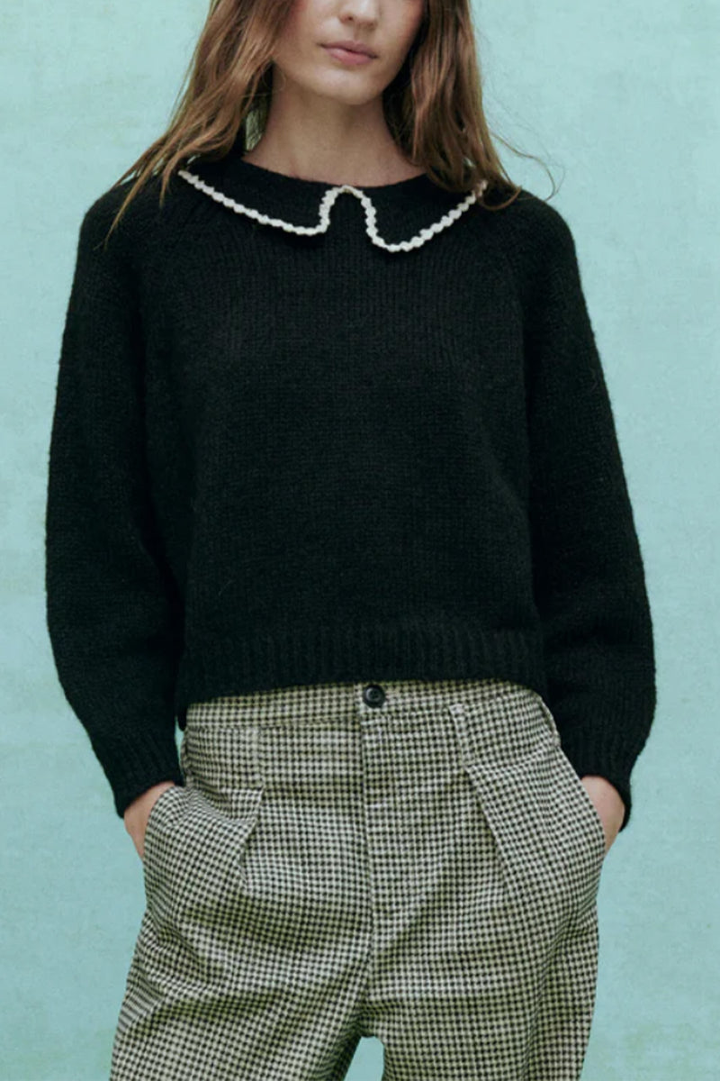 The Crochet Collar Pullover in Black W/Soft White