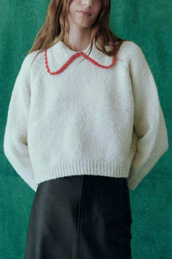 The Crochet Collar Pullover in Soft White W/Cherry