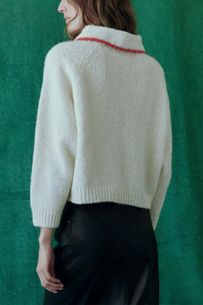 The Crochet Collar Pullover in Soft White W/Cherry