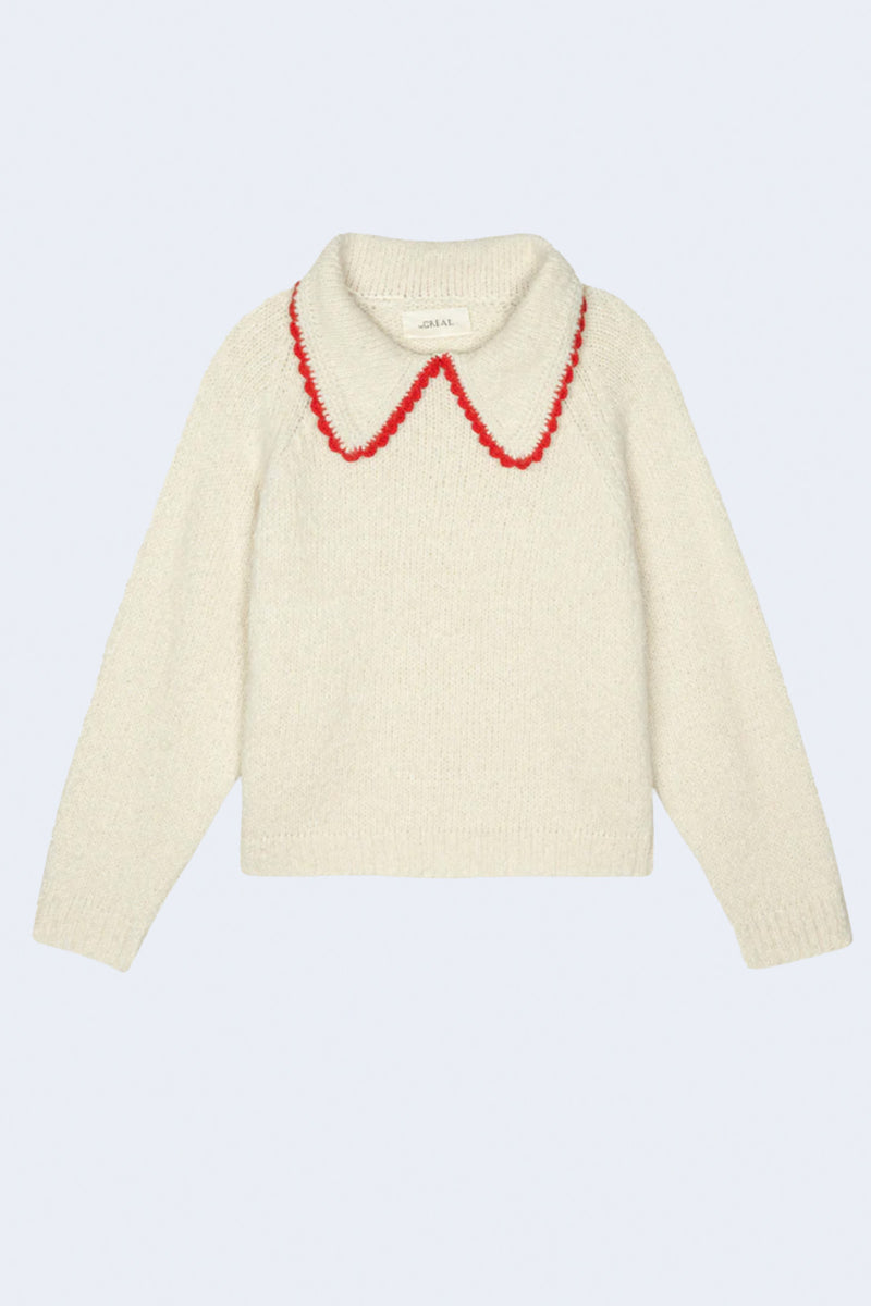 The Crochet Collar Pullover in Soft White W/Cherry