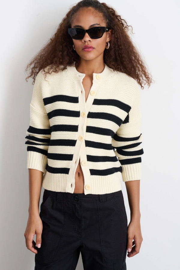 Women's Nico Striped Cotton Cardigan in Ivory & Black