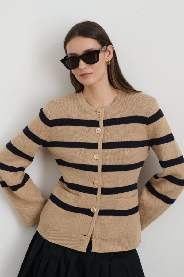 Women's Provence Stripe Cotton Silk Sweater Jacket in Cornsilk & Navy