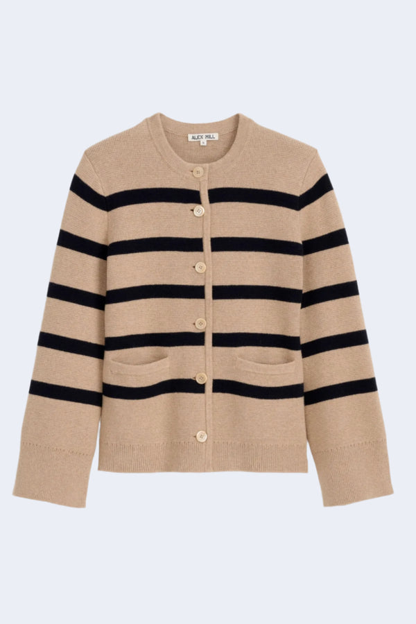 Women's Provence Stripe Cotton Silk Sweater Jacket in Cornsilk & Navy