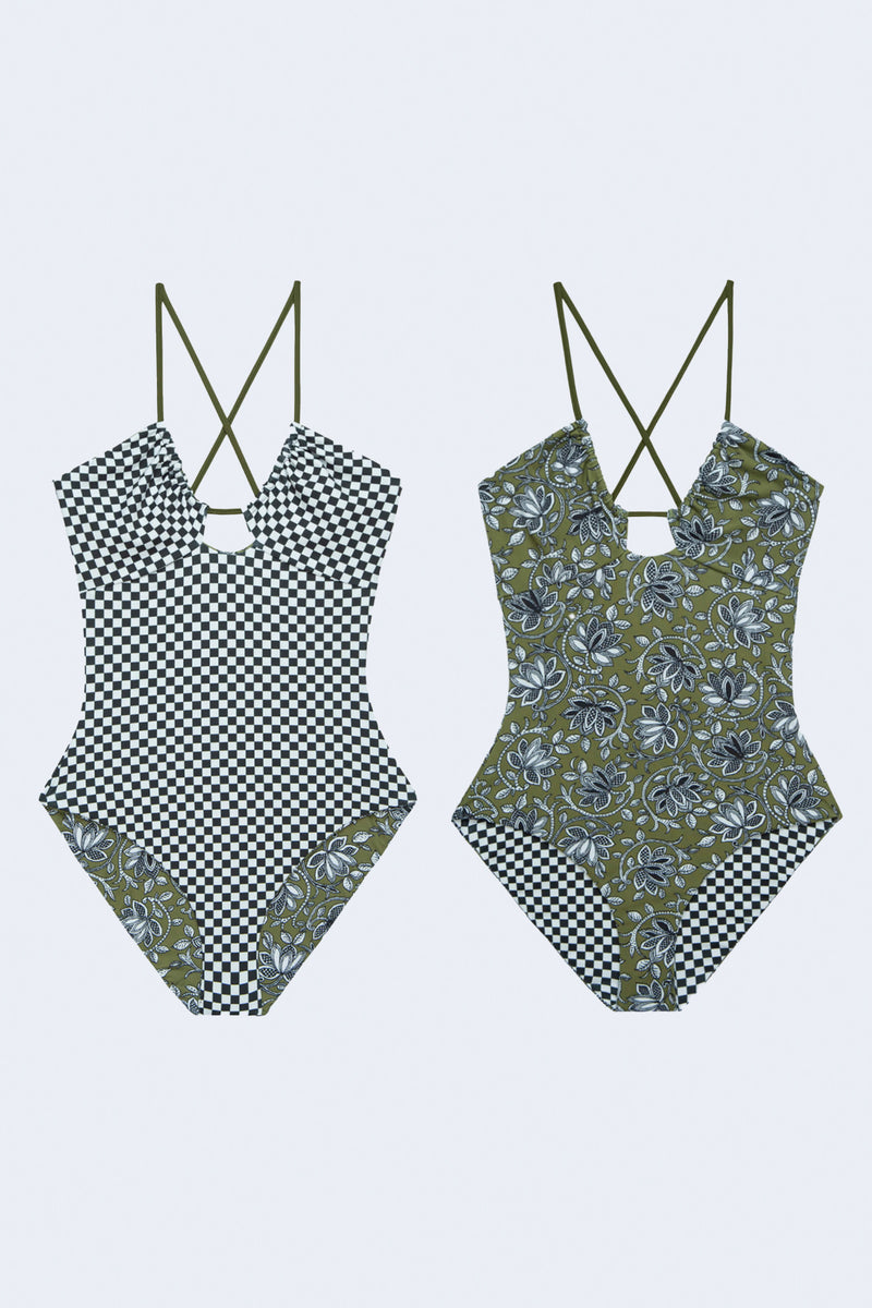 The Reversible Keyhole One Piece in Army Oasis Floral & Black Check