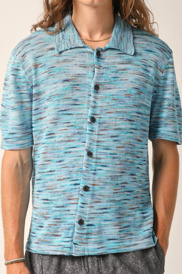 Hand Dyed Short Sleeve Knit Button Down in Blue