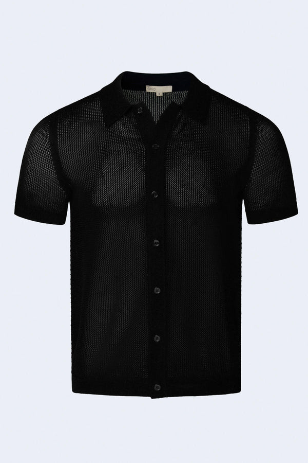Men's Crochet Knit Button Up in Black