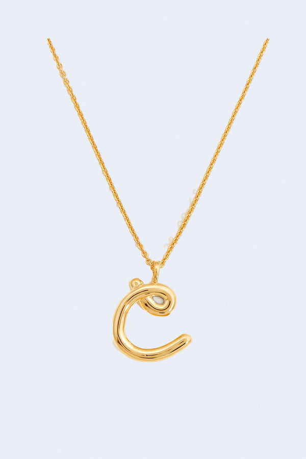 Curly Molten Initial C Pendant Necklace in Gold