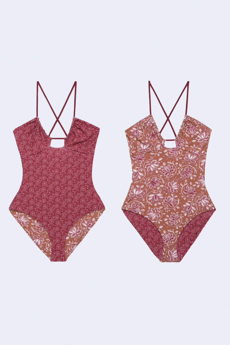 The Reversible Keyhole One Piece in Ruby Bandana Daisy & Golden Sand Oasis