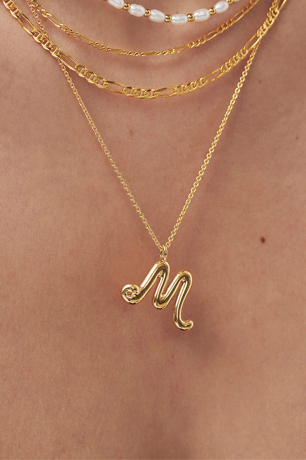 Curly Molten Initial Pendant Necklace - Initial M in Gold