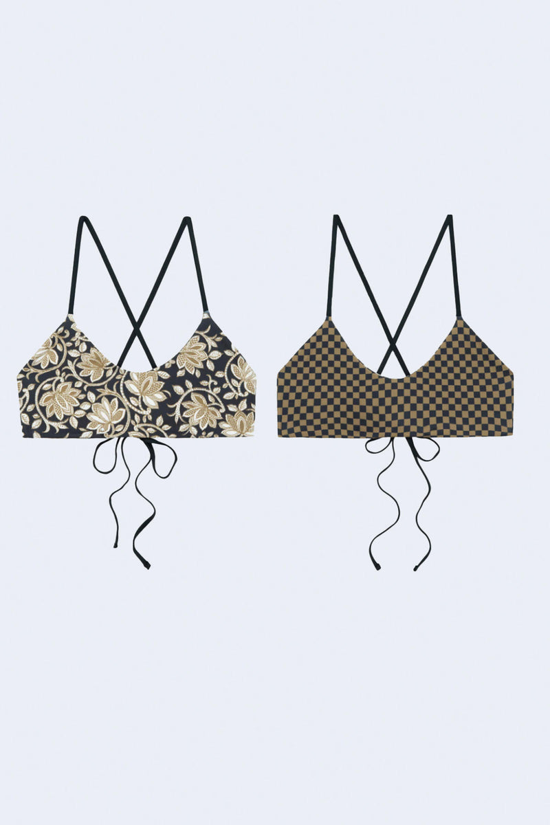 The Reversible Bralette in Black Oasis Floral & Bronze Check