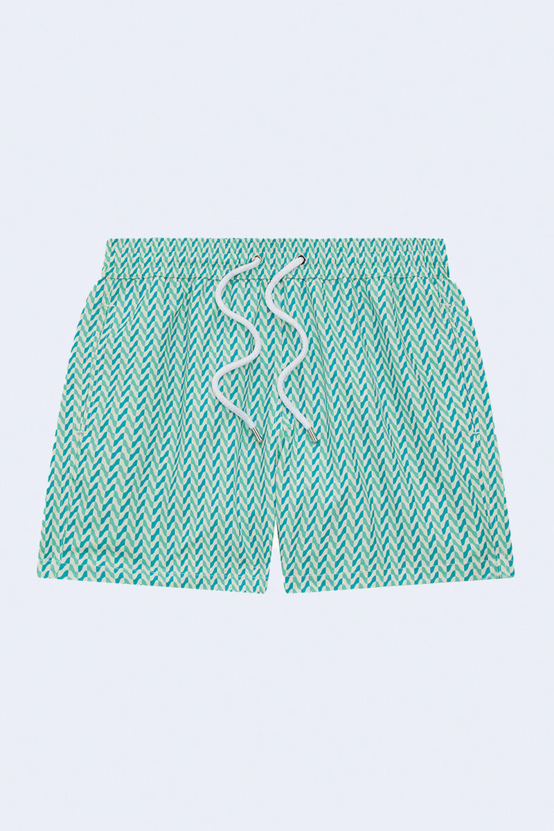 Sport Swim Short Copacabana Herringbone Print in White Sand & Club Green