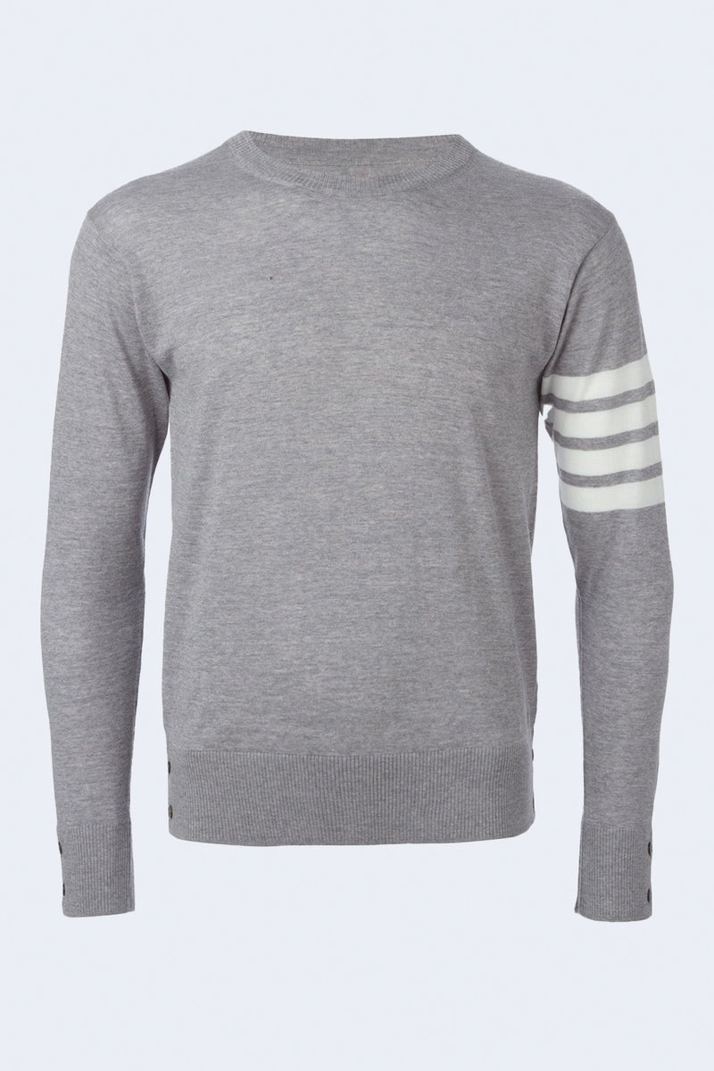 Classic 4 Bar Sleeve Sustainable Merino Wool Crewneck Pullover in Med Grey