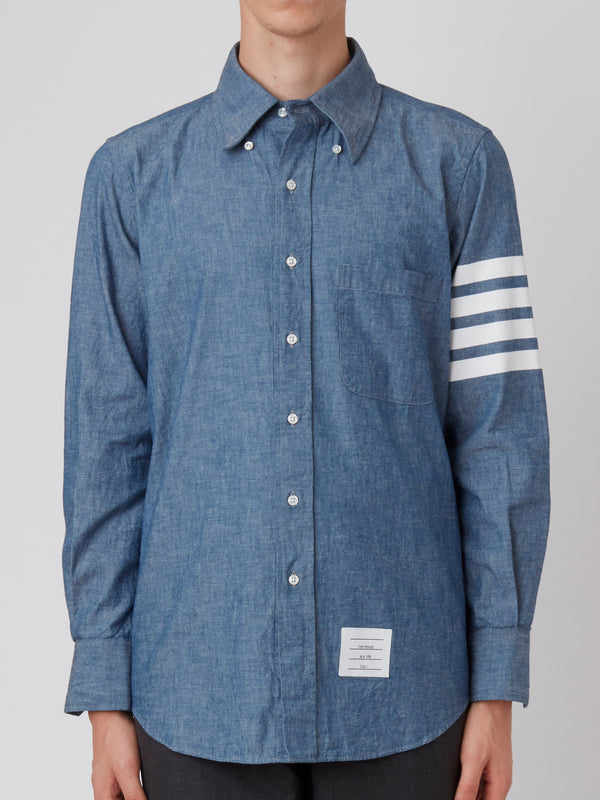 Straight Fit Button Down Long Sleeve Chambray Shirt with Printed 4 Bar Sleeve in Blue