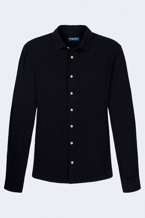Marcio Long Sleeve Linen Blend Jersey Shirt in Black