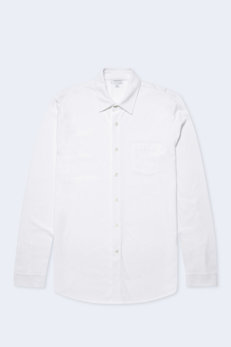 Long Sleeve Pique Button Down Shirt in White